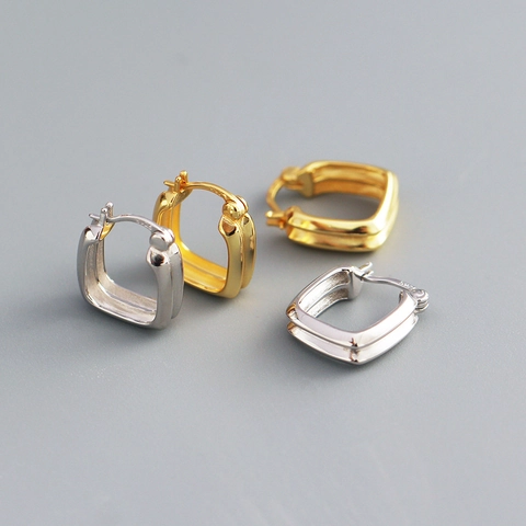 Geometric Square Hoop Earrings 925 Sterling Silver Double Layer Huggie Minimalist Jewelry For Women
