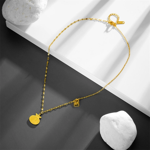 Fu Character Gourd Money Bag Pendant Necklace Stainless Steel Gold Color Chinese Style Elegant Jewelry For Women