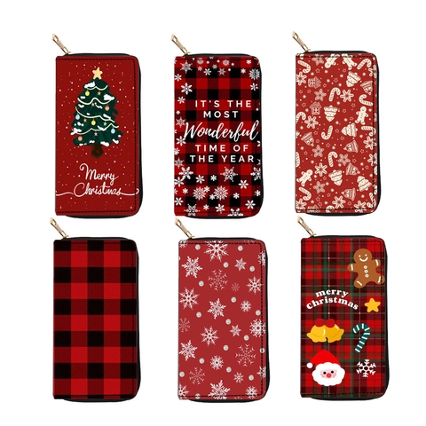 Portefeuille Long De Noël Femmes Similicuir Fermeture Éclair Pochette Festive Flocon De Neige Imprimé Porte Cartes