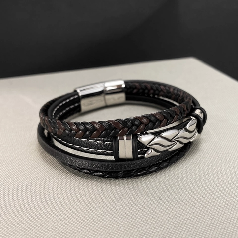 Herren Mehrlagiges Geflochtenes Kunstlederarmband Edelstahl Magnetverschluss Punk Hip Hop Trendy Retro Schmuck