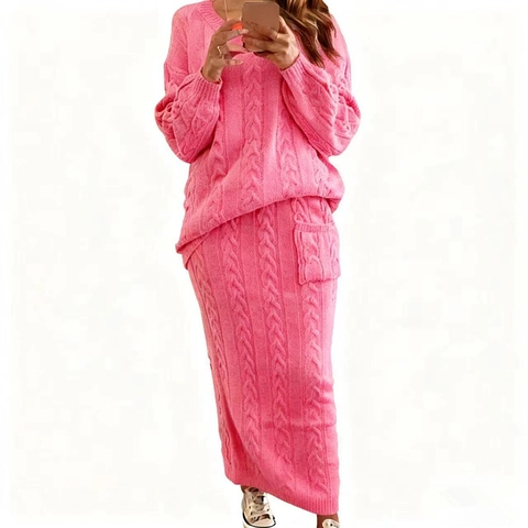 Femme Pull Torsadé Et Jupe Col Rond Manches Longues Tenue Tricot Décontracté Hiver Chaud Acrylique