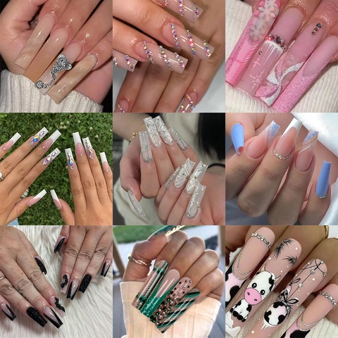 Lange Aufpressnägel Französische Künstliche Nägel Mit Strasssteinen Und 3D Blumendesigns Elegante Maniküre-Tipps