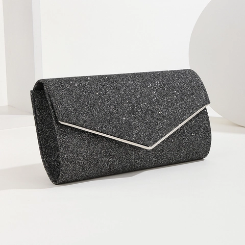 Glitter Evening Clutch Bag Women Polyester V-Shape Metal Trim Envelope Handbag With Chain Strap Party Wedding Elegant