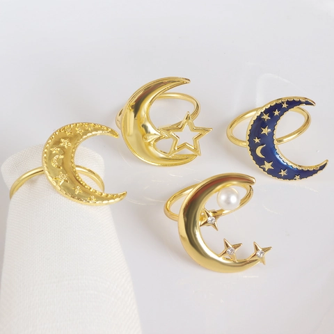 Metal Moon Star Napkin Rings With Enamel And Artificial Pearl Decoration For Festive Dining Table Decorative Gold Holder