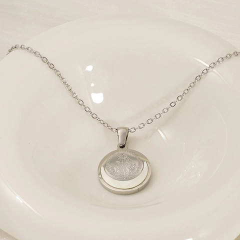 Miraculous Medal Necklace Stainless Steel And Shell Inlay Religious Saint Mary Round Coin Pendant For Women And Men