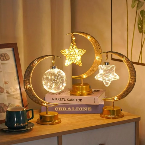 LED Crescent Moon Lamp Iron Hollow Star Hanging Night Light Hemp Rope Decorative Desk Atmosphere Lamp For Bedroom Home