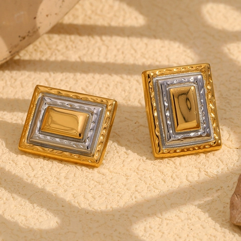 Geometric Rectangular Stud Earrings Stainless Steel 18K Gold Plated Two-Tone Picture Frame Retro Style For Women