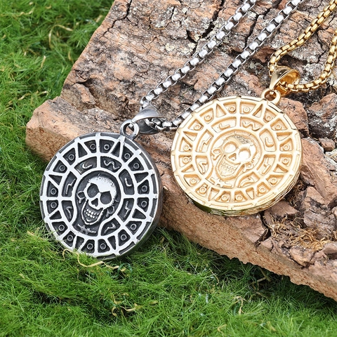 Collar Con Colgante De Moneda De Calavera Acero Inoxidable Retro Vikingo Nórdico Estilo Azteca Joyería Para Hombres