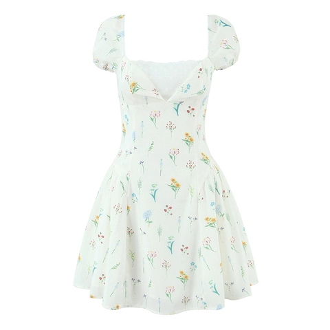 Minikleid Mit Blumendruck Französischer Stil Quadratischer Ausschnitt Verpuffte Ärmel Hohe Taille Spitze Süß Pastoral Damen
