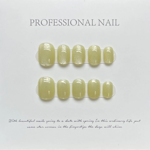 Handmade Cat Eye Press On Nails Mustard Green Short Square Shimmer Elegant Artificial Nails For Women