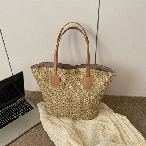 Stroh Gewebte Tragetasche Große Kapazität Strand Schultertasche Mit PU Ledergriffen Sommer Lässig Für Frauen