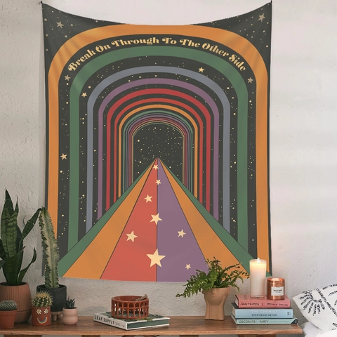 Arazzo Da Parete Psichedelico Retro Arcobaleno Notte Stellata Sfondo In Tessuto Di Poliestere Per Camera Da Letto Soggiorno