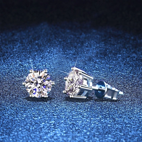 Classic Moissanite Stud Earrings 925 Sterling Silver Earring Post Six Prong Brilliant Cut Round Sparkling For Women