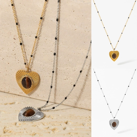 Tiger Eye Stone Heart Pendant Necklace Stainless Steel Sunburst Texture Black Beaded Chain Retro Jewelry For Women