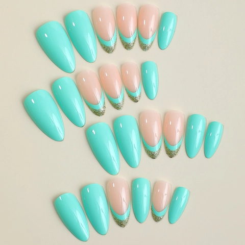 Almond Shape Press On Nails Mint Green Glossy Long Artificial Nails With Glitter French Tips And Tulip Pattern For Women