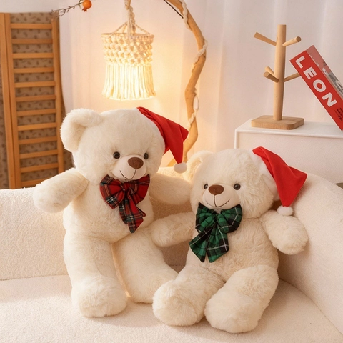 Weicher Plüsch Weihnachts Teddybär Stofftier Mit Roter Mütze Schal Fliege Für Feiertagsdekor Süße Komfortpuppe Geschenk