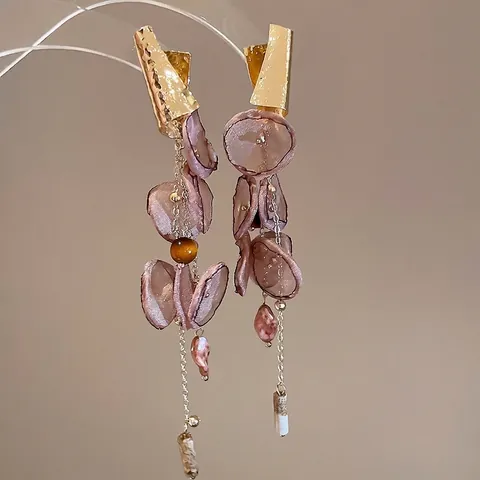 Boucles D'oreilles Longues Fleurs Mousseline Avec Tige En Argent Sterling 925 Alliage Pierre Perle Style Boho Vintage