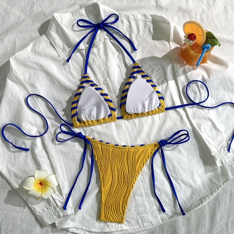 Women Halter Bikini Ribbed Top And Side Tie Bottom Swimsuit Sexy Backless Contrast Trim Beachwear Summer Vacation