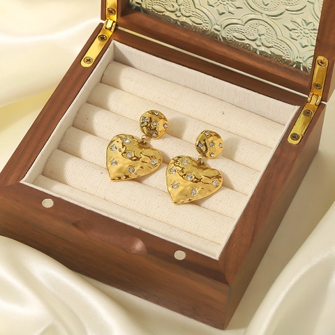 Orecchini A Pendente Cuore Acciaio Inossidabile Placcato Oro 18K Trama Martellata Retro Vintage Zircone Moda Donna