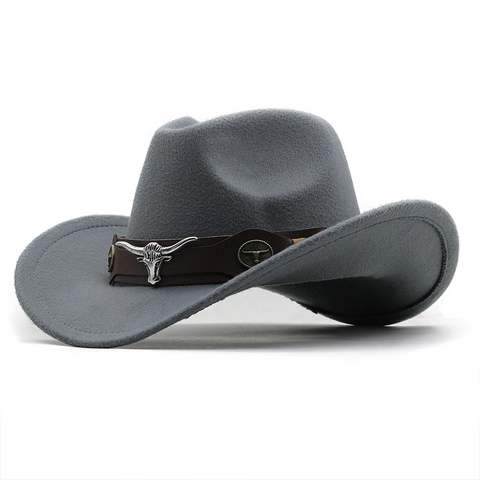 Western Cowboy Hat Felt Wide Brim Vintage Style Bull Head Metal Ornament Leather Band For Men Women Outdoor