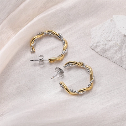 Orecchini a Cerchio Intrecciati Bicolore in Acciaio Inossidabile Placcato Oro 18K Orecchini Geometrici a C per Gioielli Donna