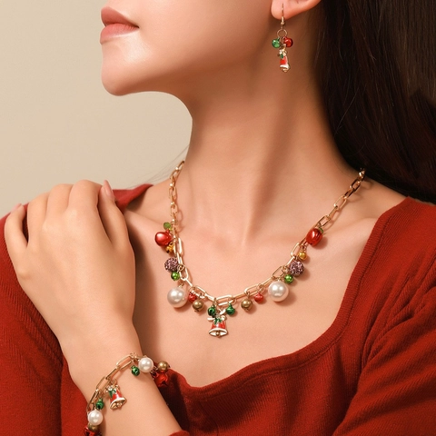 Christmas Jewelry Necklace Bracelet And Earrings Alloy With Colorful Bells Artificial Pearls Holiday Party Fashion For Women