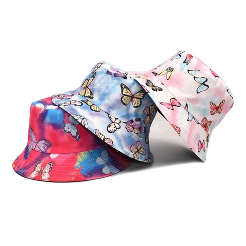 Tie-Dye Butterfly Print Bucket Hat Cotton Polyester Sun Protection Reversible Summer Outdoor Breathable Sun Cap For Women Men