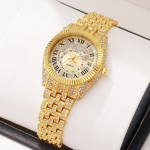 Luxury Rhinestone Iced Out Watch For Women Alloy Strap Roman Numerals Date Display Quartz Wristwatch