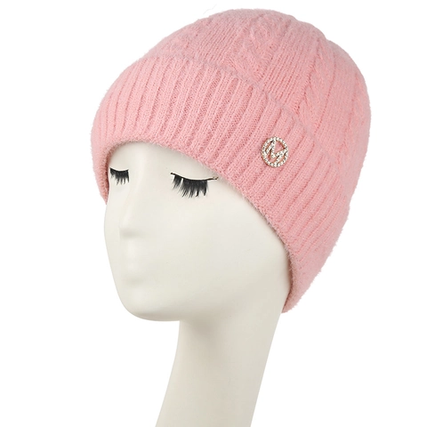 Women Knitted Beanie Hat Fleece Lined Winter Warm Cable Knit With Rhinestone Letter M Badge Acrylic