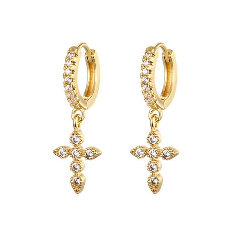 Huggie Hoop Earrings With Cross Lightning Marquise Pendant Copper 18K Gold Plated Cubic Zirconia Dangle For Women