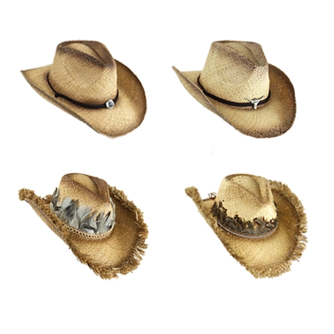 Chapeau de Paille Cowboy de l'Ouest Homme Femme Été Respirant Protection Solaire Chapeau Raffia Plume Tête de Taureau
