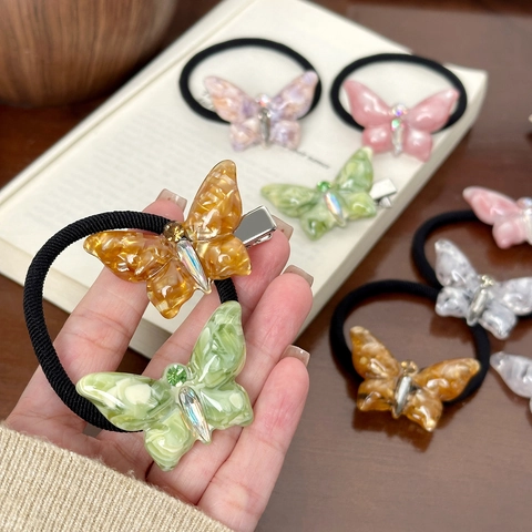 Pinza Para El Pelo De Mariposa Y Goma Acetato Resina Textura Mármol Rhinestone Elegante Coleta Clip Lateral Estilo Hada