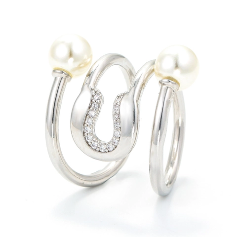 Anello Aperto in Rame Irregolare Geometrico Creativo Coreano per Donna Doppio Strato Cavo Zirconia Perla Artificiale Regolabile
