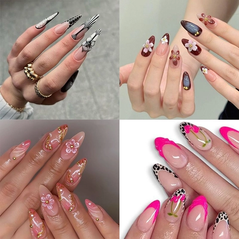 Uñas Postizas Press On Relieve 3D Francesas Largas Almendra Stiletto Con Pegamento De Gelatina Lima De Uñas Para Mujeres