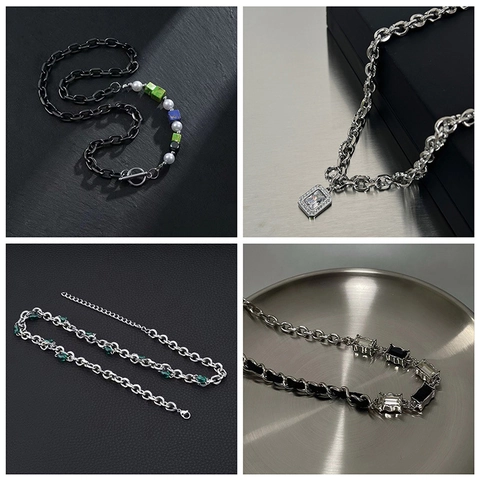 Hip Hop Halskette Titanstahl Legierung Kunstperle Glas Zirkon Anhänger Schlüsselbeinkette Industriestil Unisex Modeschmuck