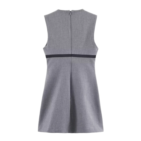 Sleeveless Gray Mini Dress With Black Bow Decor Polyester Slim Fit Elegant Party Wear For Women Round Neck Back Zipper