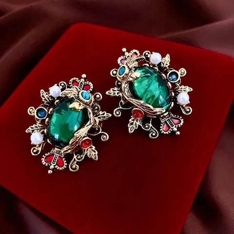 Pendientes De Botón Barrocos Vintage Con Piedra De Resina Verde Esmeralda Perla Artificial De Imitación Y Poste De Plata Para Mujer