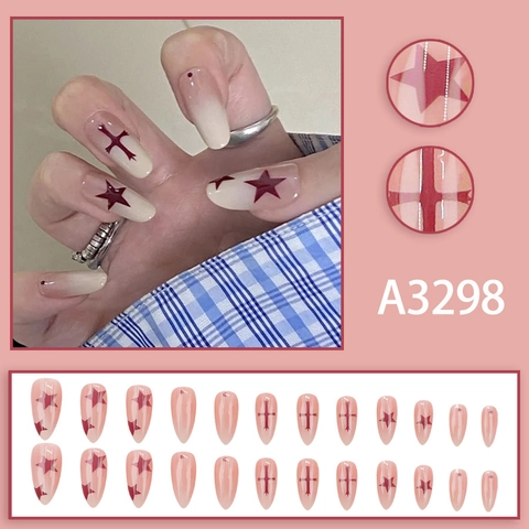 Gothic Künstliche Fingernägel Mandelform Nude Rosa Farbverlauf Dunkelrote Stern Kreuz Muster Glänzend Für Damen