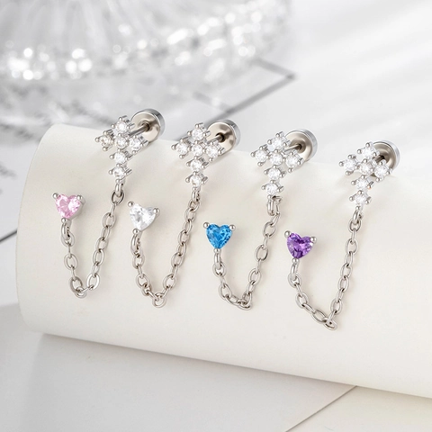Orecchini Piercing Cartilagine Cuore Croce Zirconia Cubica Acciaio Titanio Catena Doppio Foro Gioielli Donna