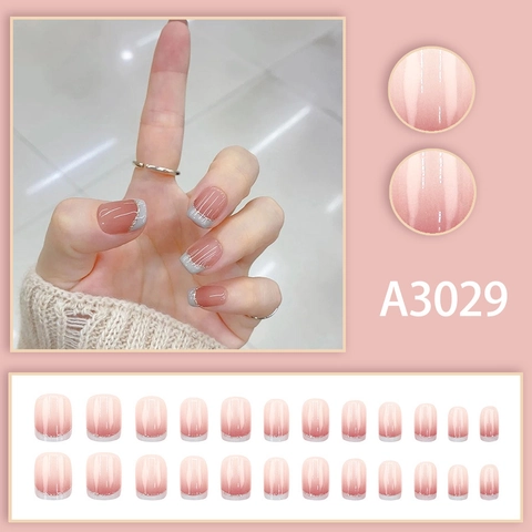 French Ombre Press On Nails Rosa Silber Glitzer Eckig Rund Tragbare Falsche Nägel Für Damen
