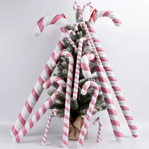 Pink White Christmas Candy Cane Decorations PVC Glitter Candy Hanging Ornaments For Festival Party Scene Layout Props