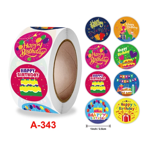 Round Decorative Stickers Roll Happy Birthday Thank You Seal Labels Cartoon Patterns Self-Adhesive For Gift Decoration