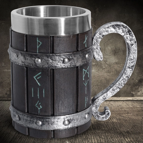 Viking Beer Mug Stainless Steel Liner Resin Hand Painted Medieval Tankard With Runic Symbols Retro Wood Texture Mug