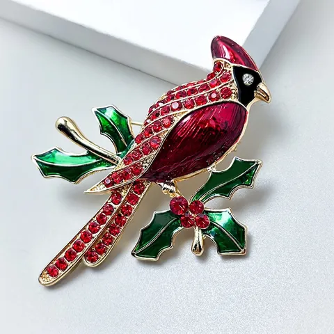 Kardinal Vogel Brosche Legierung Roter Strass Emaille Stechpalmenzweig Winter Weihnachten Schmuck