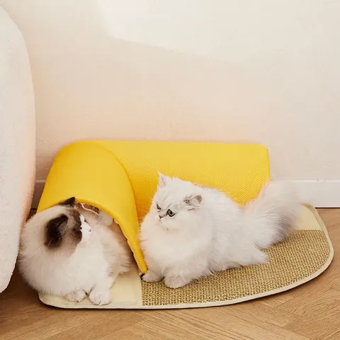 Cat Tunnel Bed Cooling Rattan Mat L Shaped Breathable Oxford Cloth With Hanging Plush Ball For Summer Indoor Play And Rest