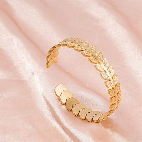 Bracciale A Polsino Foglia Di Alloro Acciaio Inossidabile Apertura Regolabile Ramo D'ulivo Gioielli Ispirati Natura Donna