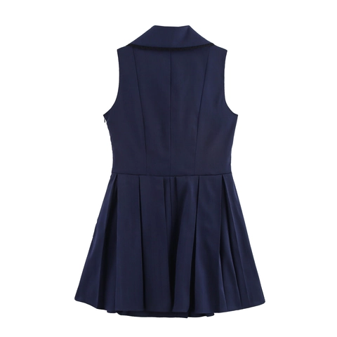 Mouwloze Mini Jurk Polyester Matrozenkraag Kant Gouden Knoppen Geplooide Rok Preppy Stijl Donkerblauw