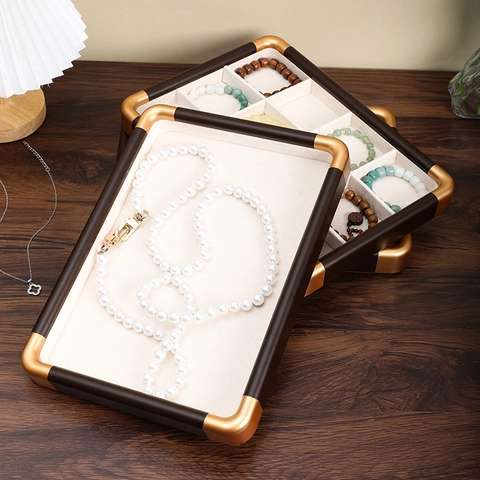 Jewelry Display Tray Walnut Wood Frame Gold Metal Corners Velvet Interior Organizer Rings Necklaces Stacking Luxury