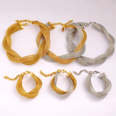 European Fashion Stainless Steel Mesh Necklace And Bracelet Set Gold Silver Mixed Twisted Choker Jewelry For Women
