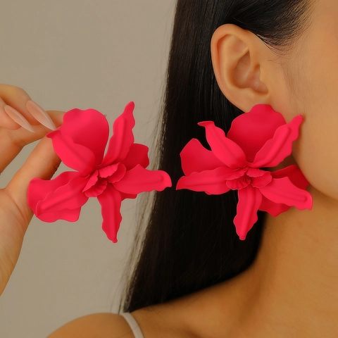Oversized Geometric Flower Earrings Alloy Matte Lacquer Finish Bold Floral Studs Women Fashion Party Summer Vacation Accessory